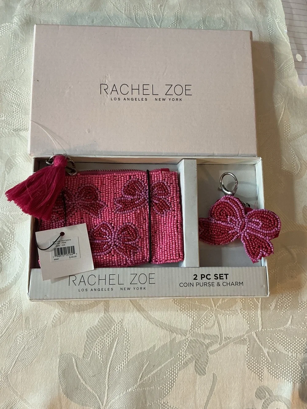 Rachel Zoe Hot Pink Beaded Coin Purse with Bow Charm